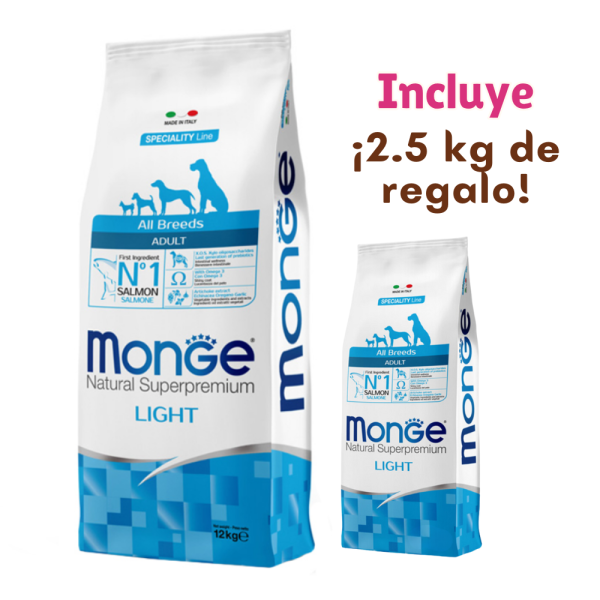 Monge Salmón Light Adulto Todas las Razas 12 KG + ¡2.5 kg de regalo!