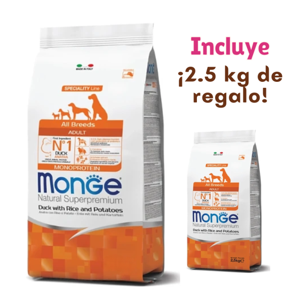 Monge Pato Adulto Todas las Razas 12 KG + ¡2.5 kg de regalo!